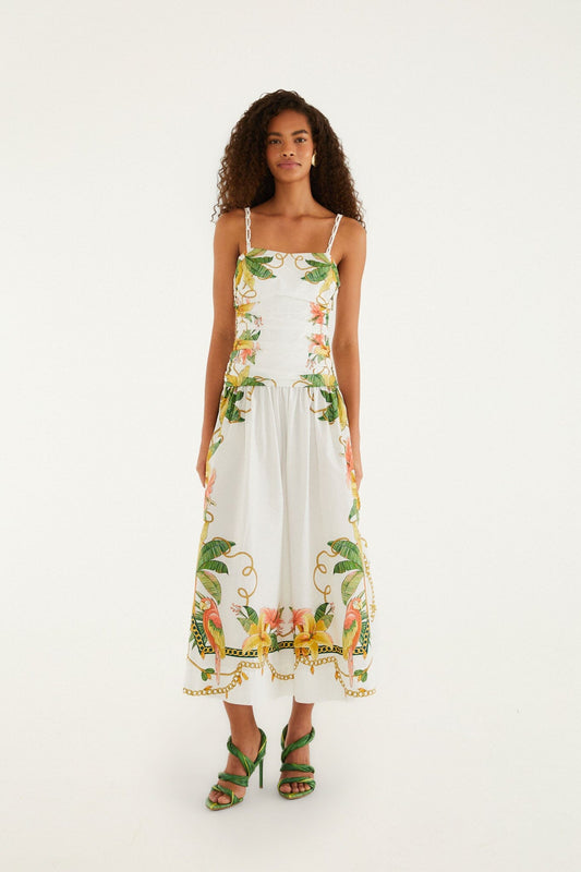 Tropical Royalty Off-White Midi Dress Sleeveless
