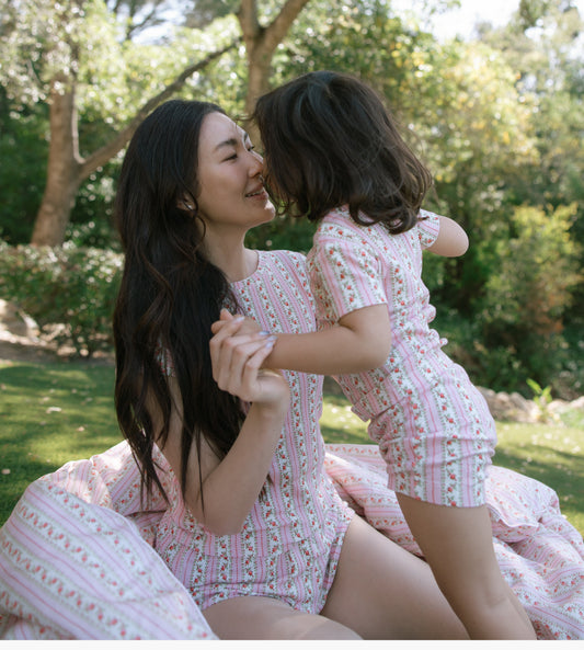The Tiny Lou Pointelle PJ Set - Pink Floral Dot Stripe